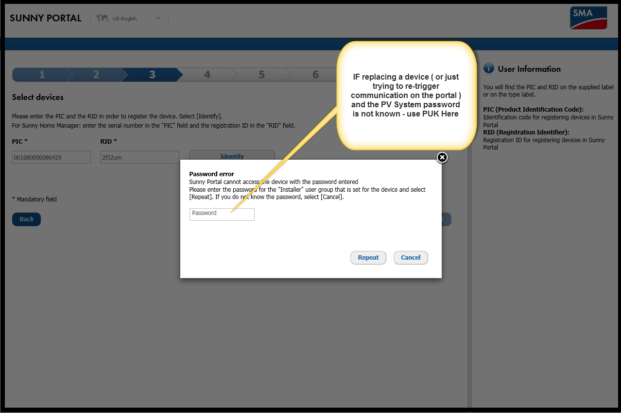 Incorrect system password event 721 in Sunny Portal